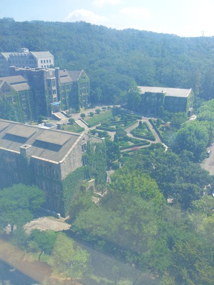 Aerial view from widow at the top of the Humanities building.